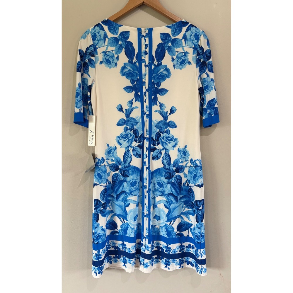 Eliza J Women's 8 Cream Blue Floral Border Print Sheath Dress Ballet Neck - Picture 3 of 9